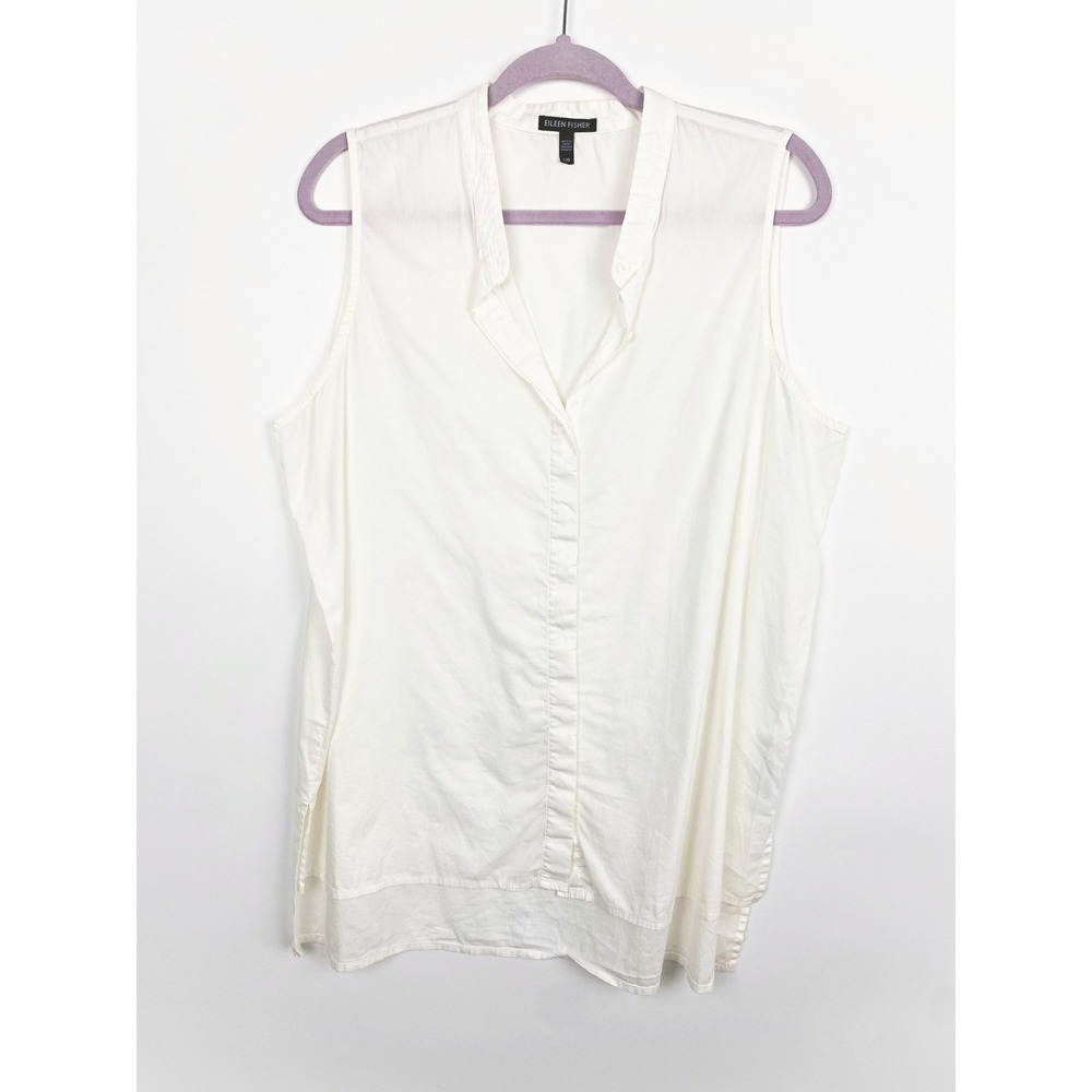 Eileen Fisher Lawn Mandarin Collar Organic Cotton Tunic Shirt Large